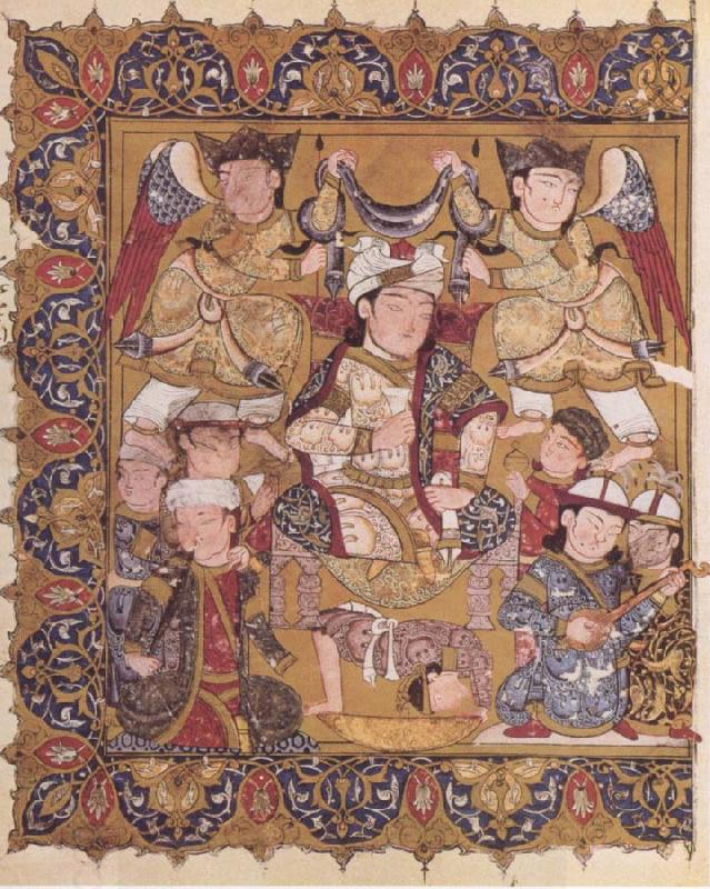 unknow artist Enthroned ruler beneath a scarf of victory upheld by angels and who himself holds both royal cup and royal white kerchief China oil painting art